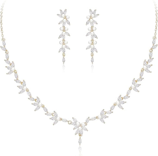 EleQueen Women's Simulated Pearl Wedding Jewelry Set, Cubic Zirconia Marquise Floral Bridal Necklace Earrings Bracelet Sets