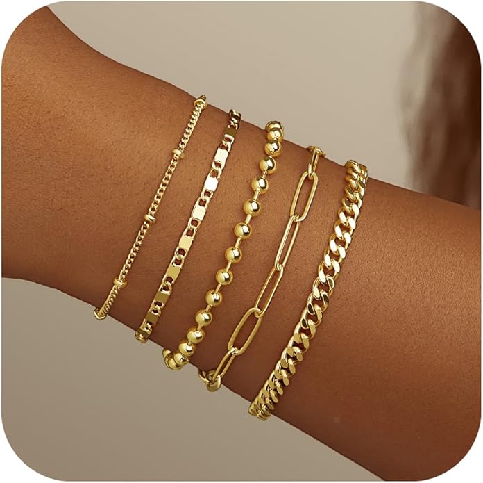 Gold Bracelets for Women Non Tainish,Dainty Bracelets Stack for Women Trendy, Gold Plated Cuff Bracelets Stack With Beaded Cuban Paperclip Snake Rope Bangle Hand Chain Jewelry Gifts for Women
