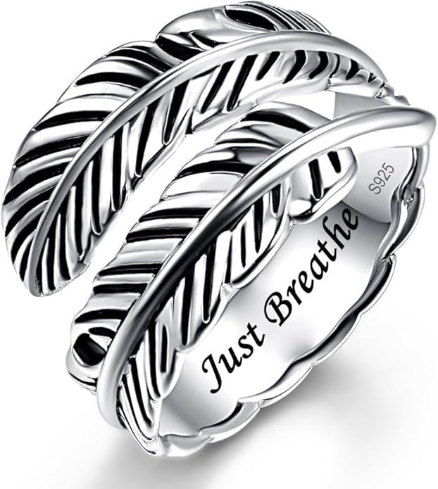 Sterling Silver Feather Ring with Black Onyx & Turquoise - Adjustable Stacking Vintage Statement Ring for Women & Men