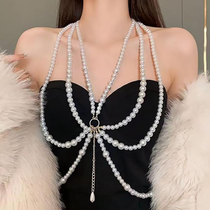 Multilayer Imitation Pearl Waist Chain for Women Trendy Waistband White Pearl Body Chain Long Tassel Pendant Waist Chain Wedding Bridal Dress Belt Fashion Trend Metal Chain Body Chain Jewelry