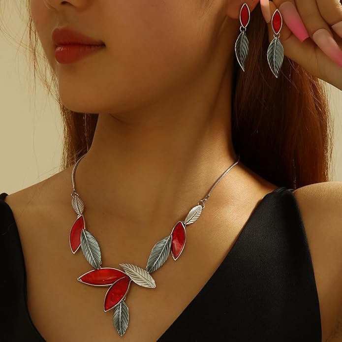 Vintage Chunky Statement Jewelry Set Retro Leaf Floral Geometric Bohemian Boho Bib Necklace Earring Set Fashion Costume Jewelry for Women Girls Wedding Party Prom Unique Gift