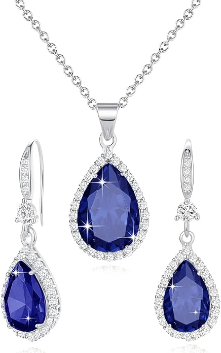 Sumonyo Women Jewelry Set Silver/Gold Plated Teardrop Pendant Necklace Dangle Drop Earrings Dangling Sets Birthstone Crystals Rhinestone,Birthday Anniversary Wedding Mother’s Day Gifts for Women