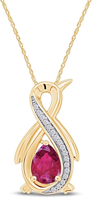 Infinity Penguin Pendant Necklace for Women, 14K Gold Over Sterling Silver with Pear & Round Cut Simulated Birthstone & White Diamond Accents, Dainty Animal Jewelry Gift with 18" Chain