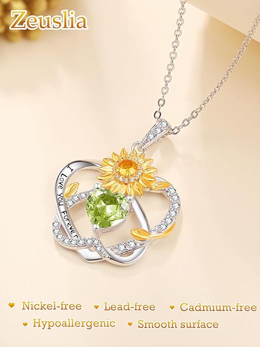 Zeuslia Double Birthstone Necklace Gifts for Wife - 925 Sterling Silver Sunflower/Rose/Crown Cross/Compass/Heart Pendant I Love You Necklace, Anniversary Birthday Gifts for Wife Girlfriend Mom Her