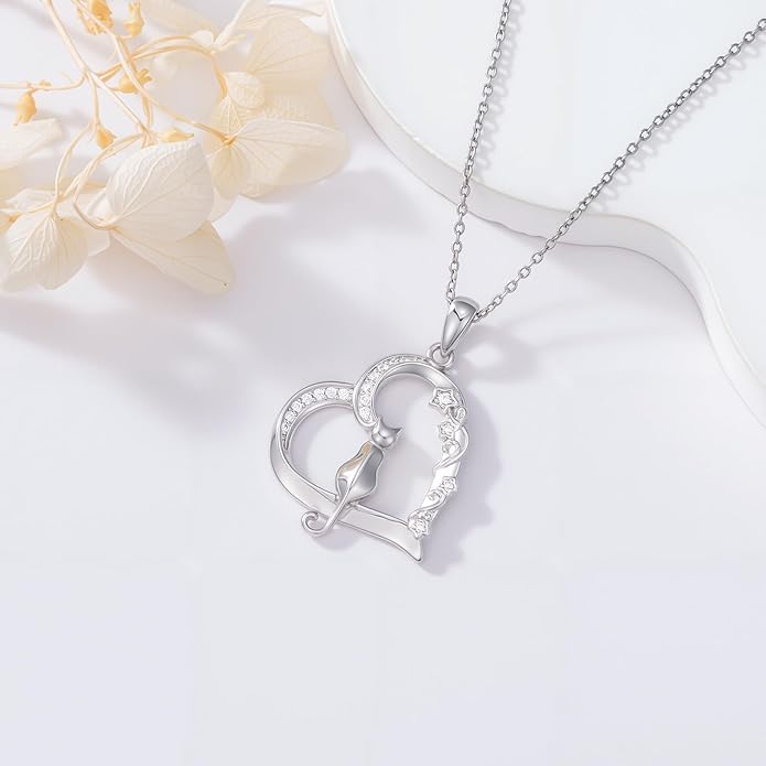 Cat Gifts for Women 925 Sterling Silver Heart Moon Cat Necklace Pendant Women Jewelry Halloween Christmas Gifts