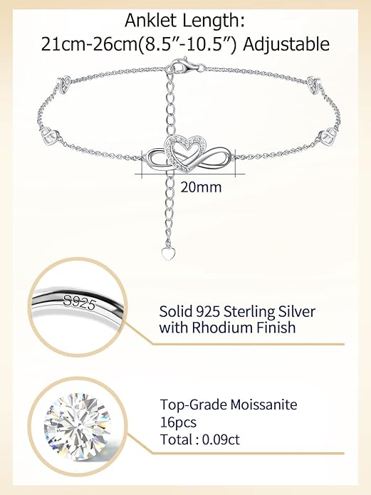 Moissanite Infinity Anklet for Women, Real Authentic 925 Sterling Silver Hypoallergenic, Beautiful Summer Jewelry, Dainty Ankle Bracelet, 8.6-10.6inch (21-26cm) Adjustable