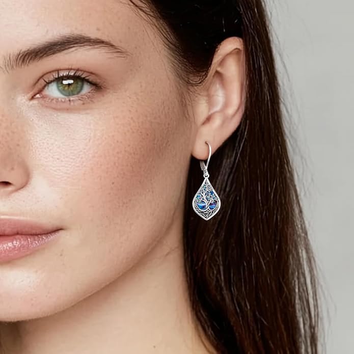 Eusense Sterling Silver Dangle Earrings for Women Tree of Life Animals Moonstone Turquoise Leverback Earrings Jewelry Gifts