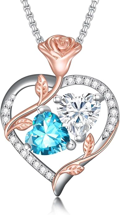 Christmas Gifts for Women Rose Heart Birthstone Pendant Necklace I Love You Forever Jewelry Valentine Mothers Day Birthday Gifts for Women Her Wife Girlfriend