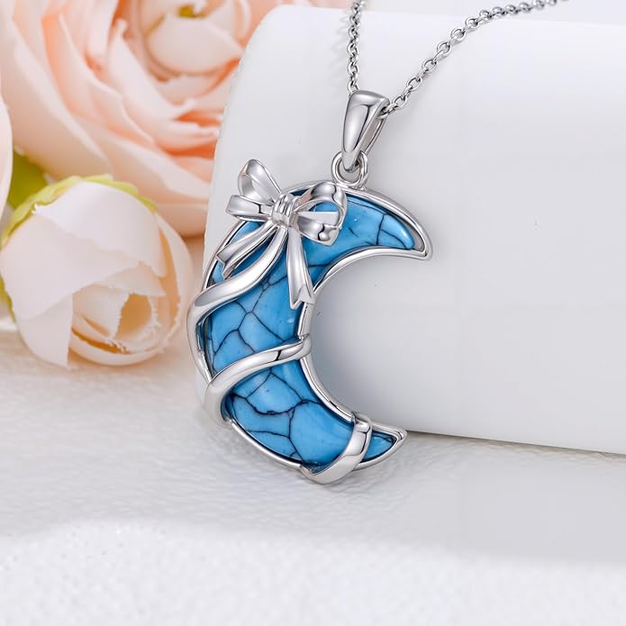 SELKAT 925 Sterling Silver Turquoise Moon Pendant Necklace for Women, Snake/Flower/Bow/Tree of Life/Star Moon Necklace, Dainty Jewelry for Daily Wear & Gifts