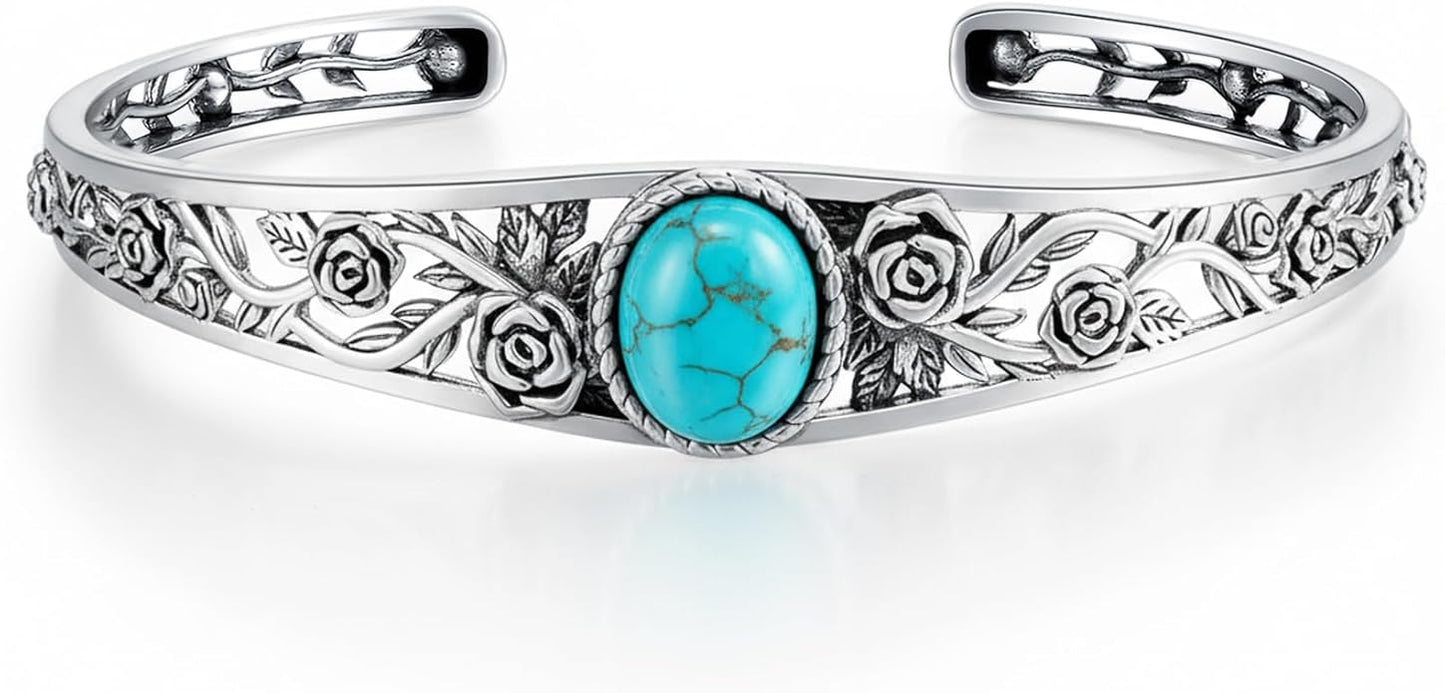 Genuine Turquoise Vintage Rose Bracelet, Sterling Silver Boho Adjustable Bangle Cuff Native American Jewelry for Women, Fit for 6.5 7 7.5 Inches