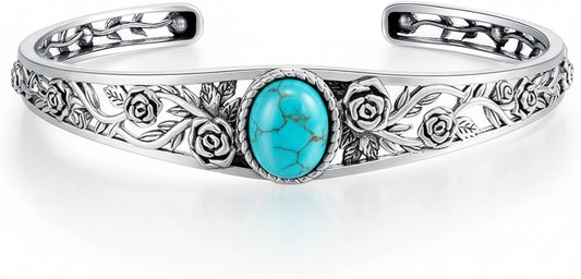 Genuine Turquoise Vintage Rose Bracelet, Sterling Silver Boho Adjustable Bangle Cuff Native American Jewelry for Women, Fit for 6.5 7 7.5 Inches