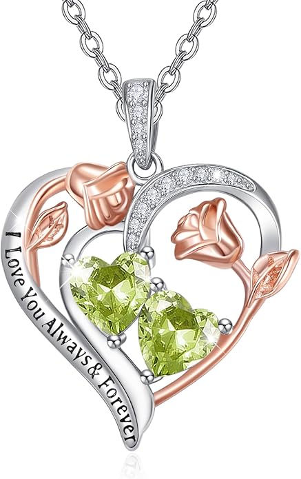 Zeuslia Double Birthstone Necklace Gifts for Wife - 925 Sterling Silver Sunflower/Rose/Crown Cross/Compass/Heart Pendant I Love You Necklace, Anniversary Birthday Gifts for Wife Girlfriend Mom Her