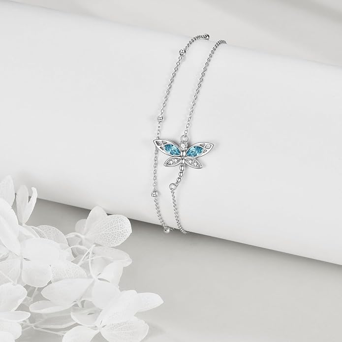 TIGER RIDER Dragonfly Anklet Sterling Silver Dragonfly Gifts Jewelry for Women with Crystal Birthday Anniversary