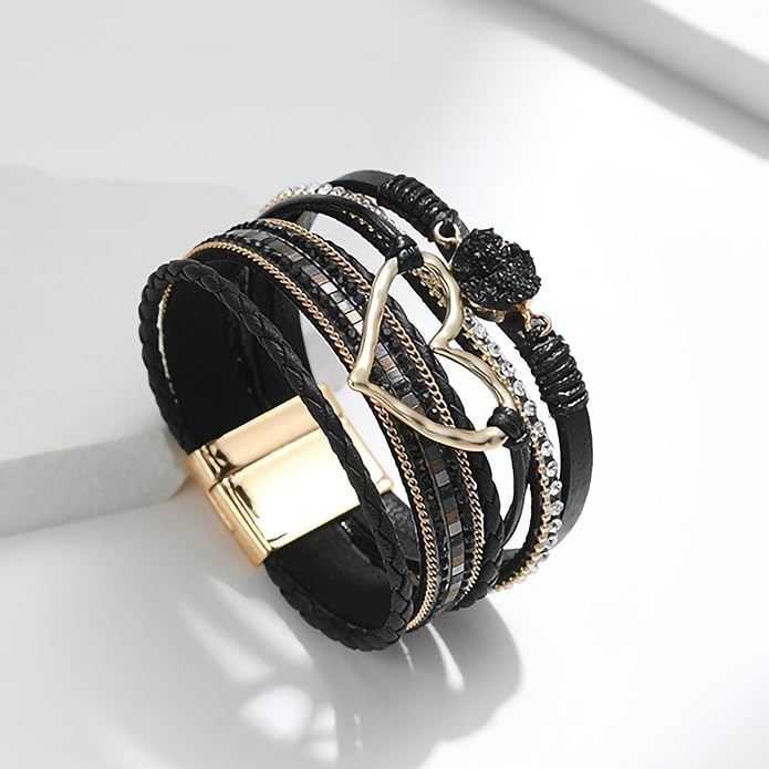 Fesciory Leopard Bracelet for Women, Boho Leather Wrap Multi-Layer Pearl Crystal Bracelet Bangle Jewelry