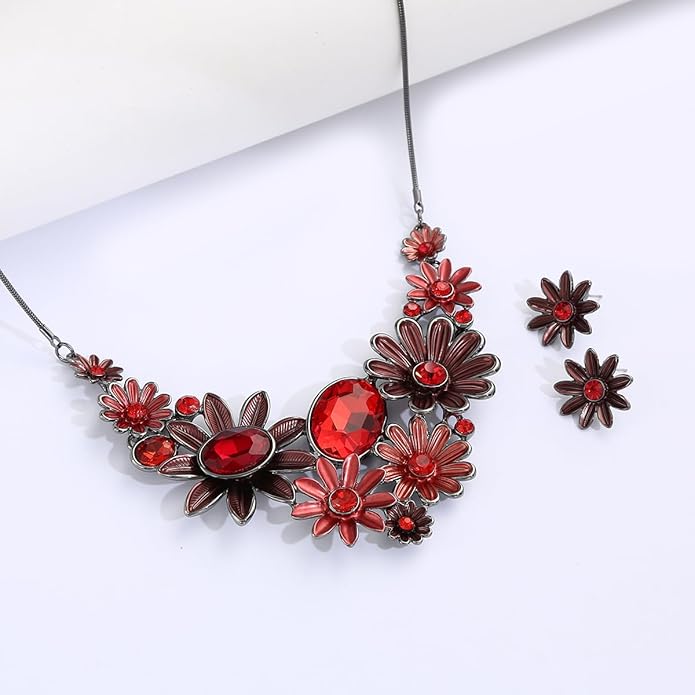 Chunky Statement Jewelry Set Vintage Retro Leaf Flower Floral Geometric Bohemian Boho Bib Necklace Earring Set Fashion Costume Jewelry for Women Girls Wedding Party Prom Unique Gift