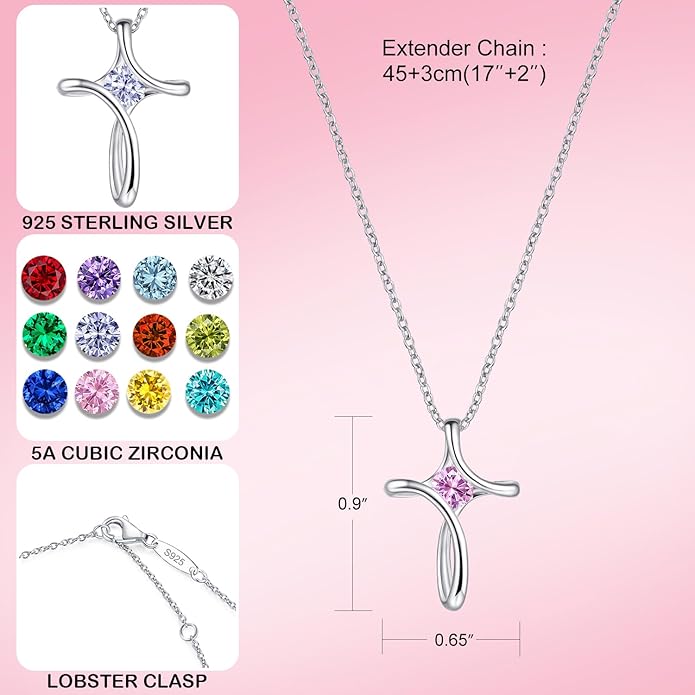 NINAMAID Cross Necklace for Women, 925 Sterling Silver Birthstone Necklace for Women with Diamond Sideways Cross Necklaces Birthstone Jewelry Birthday Gifts for Womens