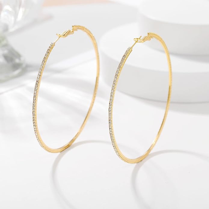 925 Sterling Silver Earrings Large Rhinestone Hoop Earrings Big Cubic Zirconia Hoop Earrings Thin Rhinestones Round Hoop Earrings for Women 20/30/40/50/60/70mm Sparkly Hoops With Crystals for Womens