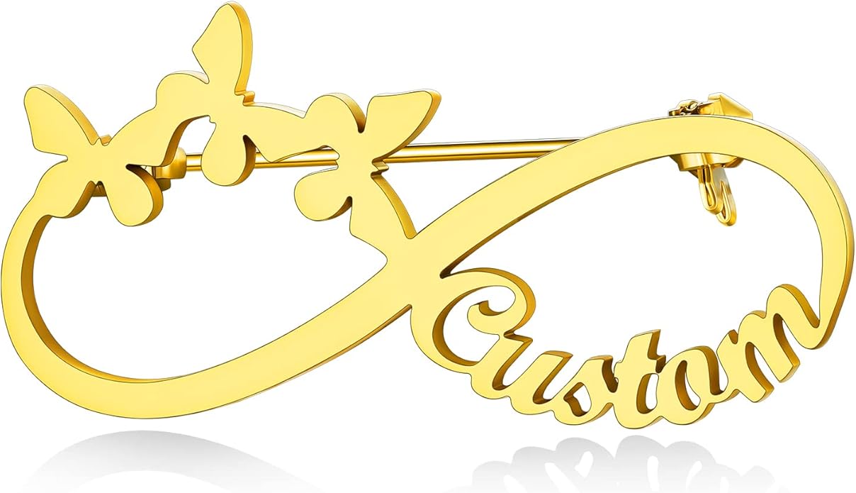 Custom4U Custom Name Pin Personalized Brooch Pins for Women Men Stainless Steel Name Tag with Letters/Initials - Silver/Gold/RoseGold/Black Customized Jewelry Gifts for Birthday Wedding Business Party