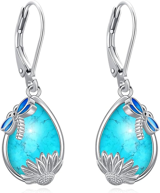 Eusense Sterling Silver Dangle Earrings for Women Tree of Life Animals Moonstone Turquoise Leverback Earrings Jewelry Gifts