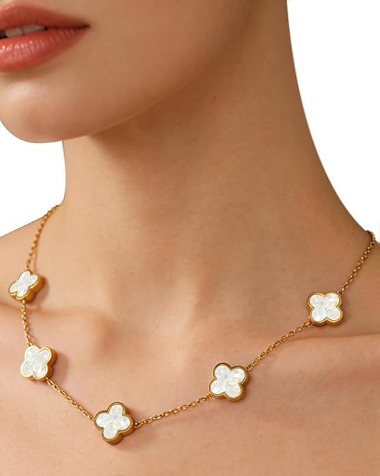 Aimétte Monette 18K Gold Plated Jewelry Set Clover Necklace Stud Earrings for Women Hypoallergenic Lucky Clover Pendant Necklace Gold Bracelets for Women Gifts