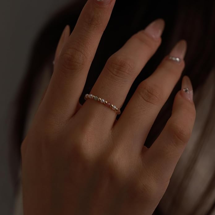 2-2.5mm 14k Gold Filled Rainbow Ring Stackable Round Natural Colored Crystal Freshwater Pearl Ring Gift for Women