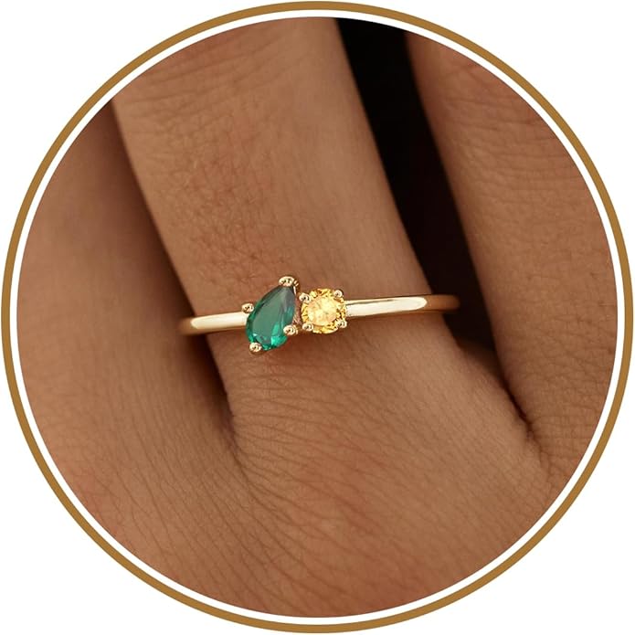 JSJOY Birthstone Rings for Women Dainty Emerald Blue Ring Birthday Gifts for Mom Her Gemstones CZ Ring for Teens Gold Rings That Don't Tarnish Adjustable Ring Jewelry Gifts