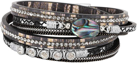 Emibele Layered Leather Bracelet, Rivet Leopard Print Bohemian Style Multilayer Wrap Bracelet, Handmade Agate Amethyst Chakra Crystal Glass Beaded Shell Bracelet for Women