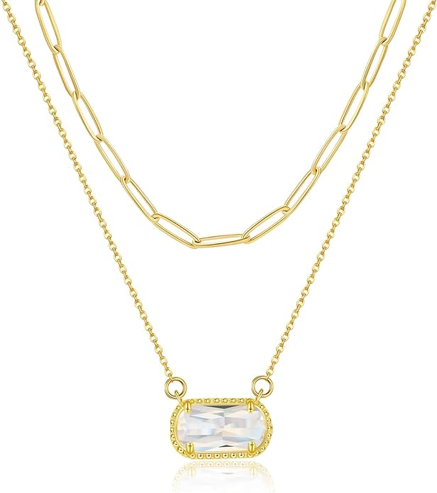 Lourny Gemstone Birthstone Pendant Layered Necklace for Women Trendy, 18K Gold Plated Paperclip Chain Preppy Choker Charm Necklace for Women Wife Jewelry