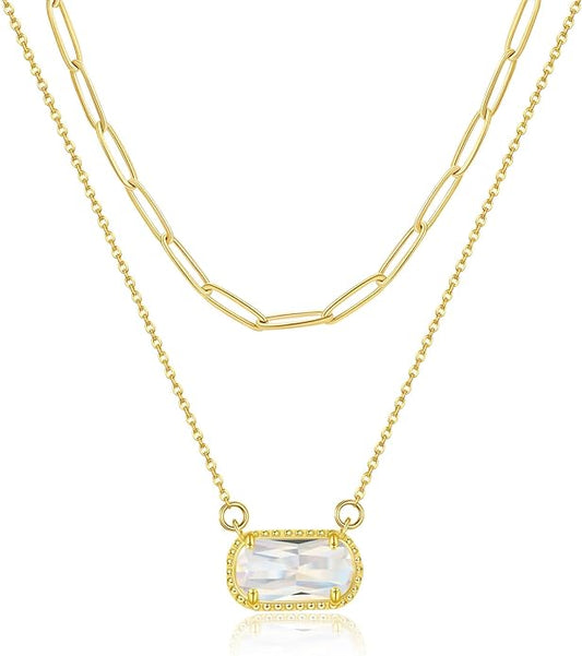 Lourny Gemstone Birthstone Pendant Layered Necklace for Women Trendy, 18K Gold Plated Paperclip Chain Preppy Choker Charm Necklace for Women Wife Jewelry