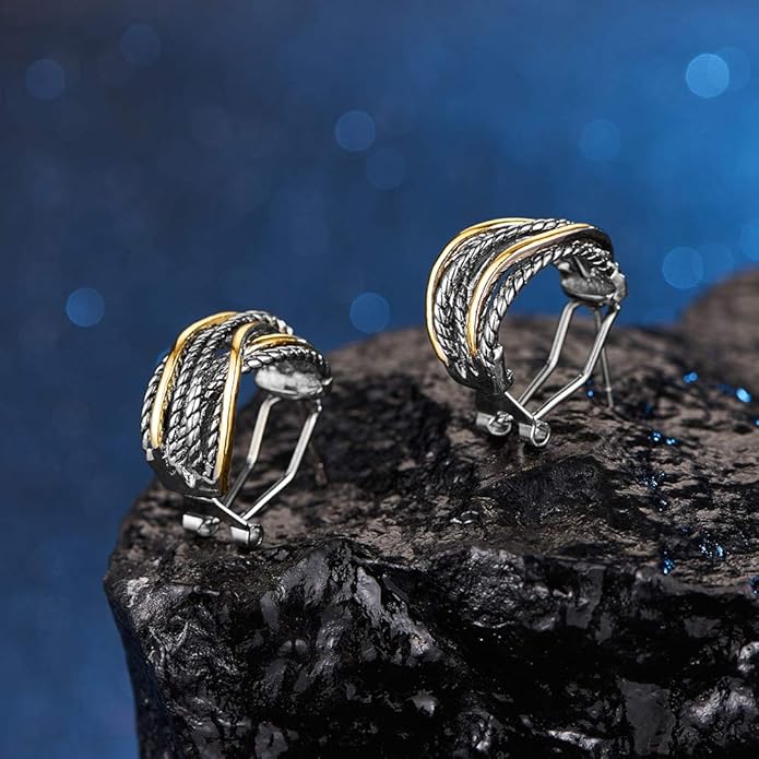 Two Tone Huggie Hoop Earrings Cross Over Design Twisted Rope Silver Gold Statement Wide Band Clip On Hoops for Women Fashion Jewelry Gift