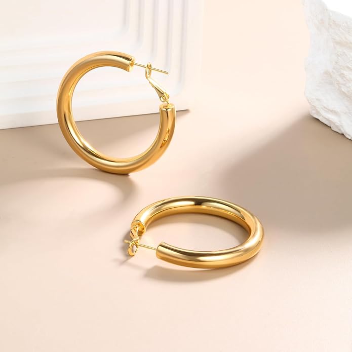 8YEARS Chunky Gold Hoop Earring for Women, 18K Gold Plated Lightweight Thick Hoops, Hypoallergenic Trendy Jewelry for Gift