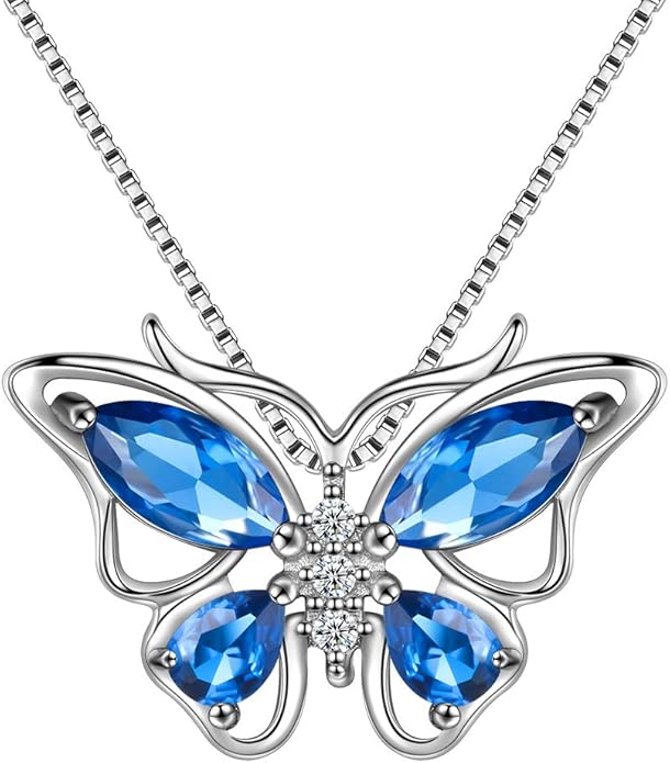 Aurora Tears Butterfly Birthstone Pendant Necklace - Women 925 Sterling Silver Butterflies Birthstone Pendant Necklace Jewelry Birthday Gift for Women