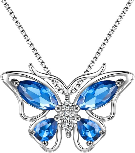 Aurora Tears Butterfly Birthstone Pendant Necklace - Women 925 Sterling Silver Butterflies Birthstone Pendant Necklace Jewelry Birthday Gift for Women