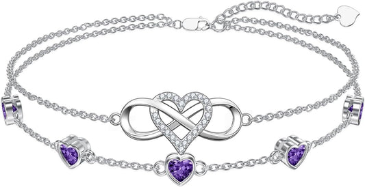 Dorunmo 925 Sterling Silver Infinity Heart Birthstone Anklet Bracelets for Women Best Mother's Day Birthday Jewelry for Wife Girlfriend Mom Her