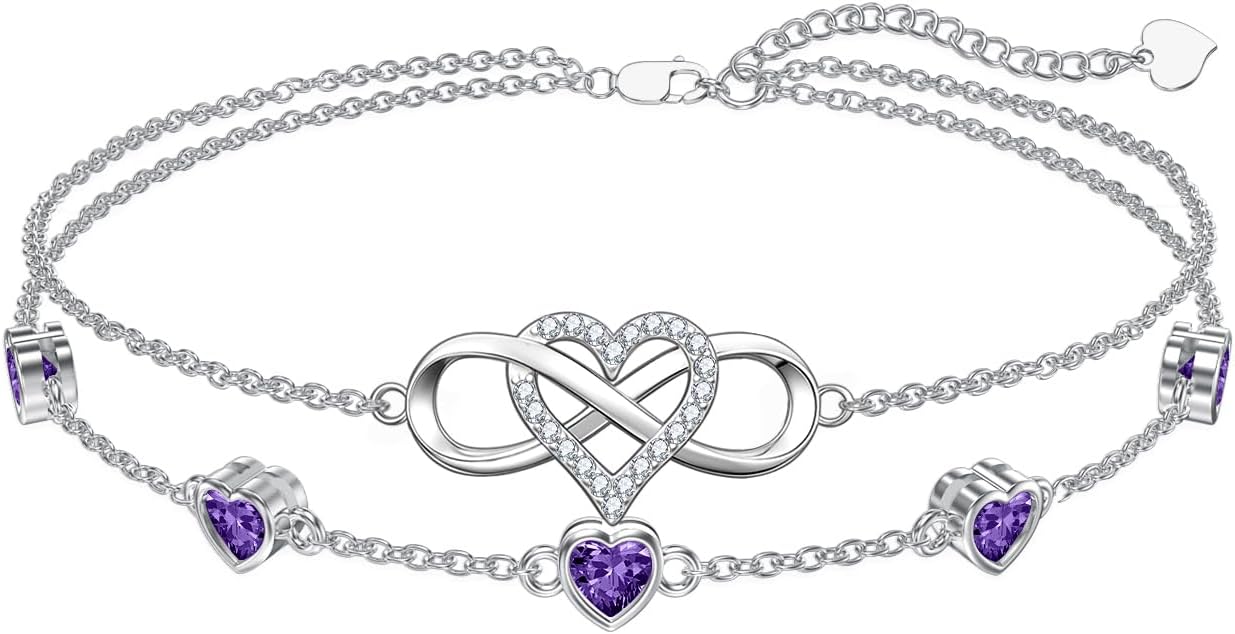 Dorunmo 925 Sterling Silver Infinity Heart Birthstone Anklet Bracelets for Women Best Mother's Day Birthday Jewelry for Wife Girlfriend Mom Her