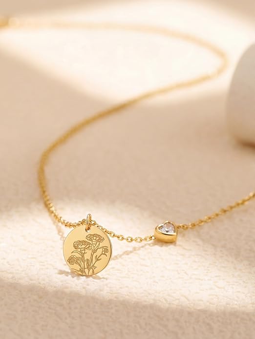 Birth Flower Necklace, 14K Gold Plated Floral Pendant Necklaces for Women, Simple Dainty Birth Month Flower Necklace, Birthday Jewelry for Women - 12 Month