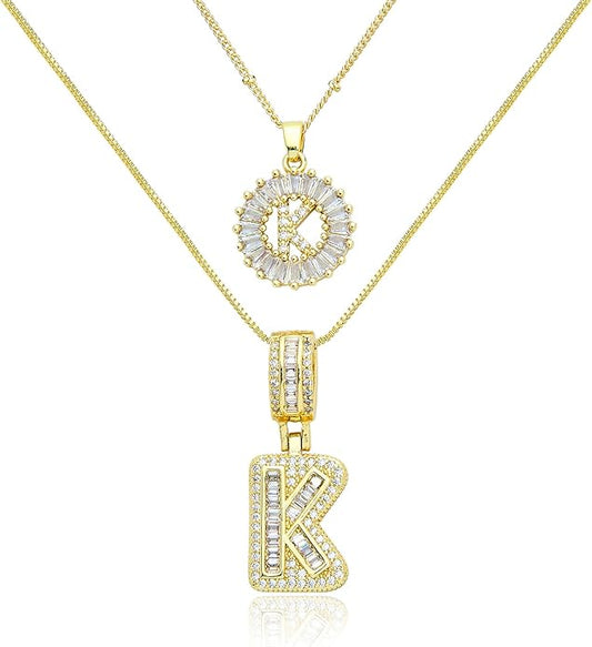 14K Gold Plated Initial Letter Pendant Necklace, Cubic Zirconia Crystal, Copper Chain