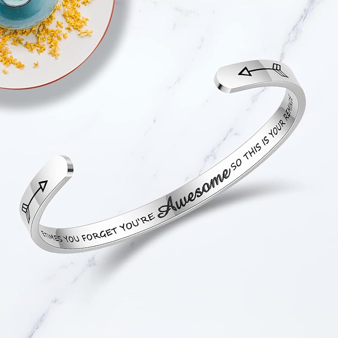 TONY & SANDY Inspirational Bracelets for Women Teen Girls Personalized Gifts for Daughter Granddaughter Mom Sister Friends Stainless Steel Engraved Cuff Birthday Easter Christmas