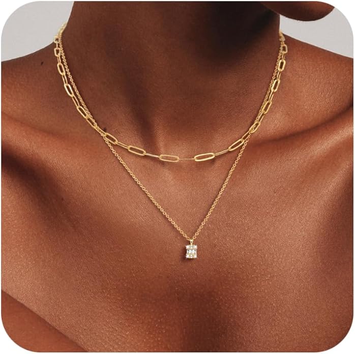Gold Layered Necklaces for Women, 14K Gold Plated Dainty Necklace Set with Paperclip, Adjustable Trendy Gold Jewelry Stackable Gift
