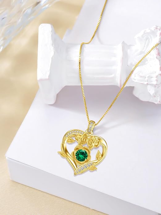 Midari 18K Gold Heart Birthstone Necklace for Women Rose Pendant Birthday Jewelry Gifts for Wife Her Daughter Mom
