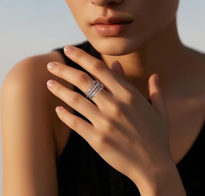 14K Gold Plated Interlocked Stackable Rings for Women Non Tarnish,Gold and Silver Cubic Zirconia Statement Rings Set,Mixed Metals Ring Two-Toned Connected Bands Stacking Jewelry