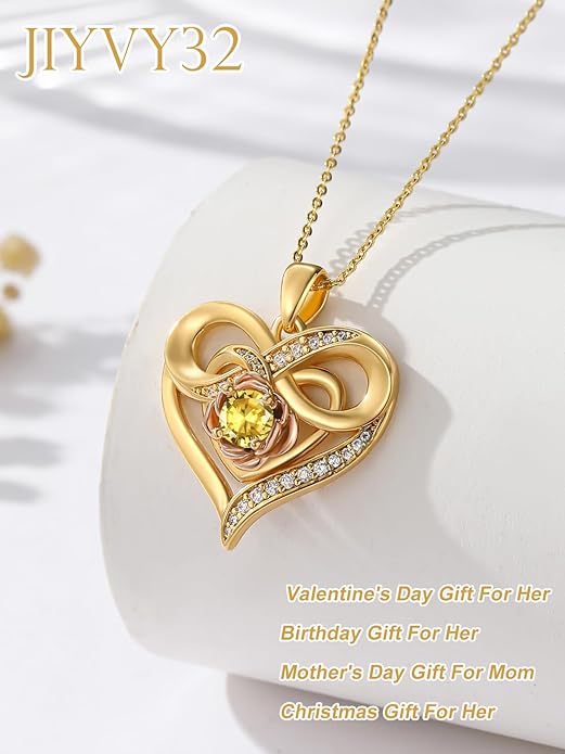 Infinite Heart Birthstone Necklaces for Women Gold Plated Pendant Wedding Anniversary Birthday Gift for Wife Her Mom Grandma Daughter Jewelry with Round Birthstone