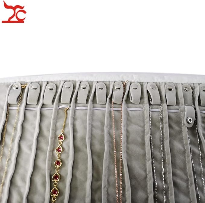 SCIKHEFT Portable Jewelry Roll Untangled Secure Necklace Travel Storage Bag Displays Holder 16 Chain (Black PU and gray velvet)