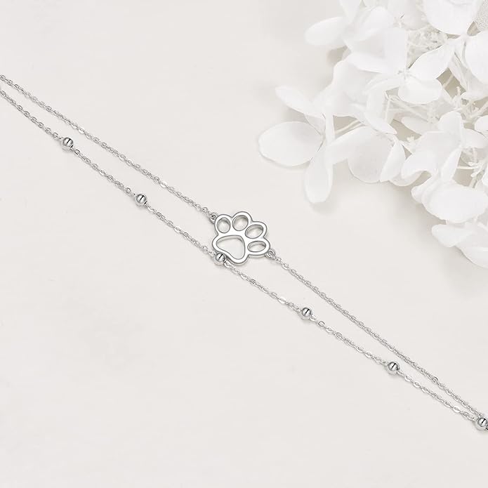 ONEFINITY Paw Print Anklet 925 Sterling Silver Pet Dog Cat Paw Layered Ankle Bracelet Pet Jewelry Gifts for Women