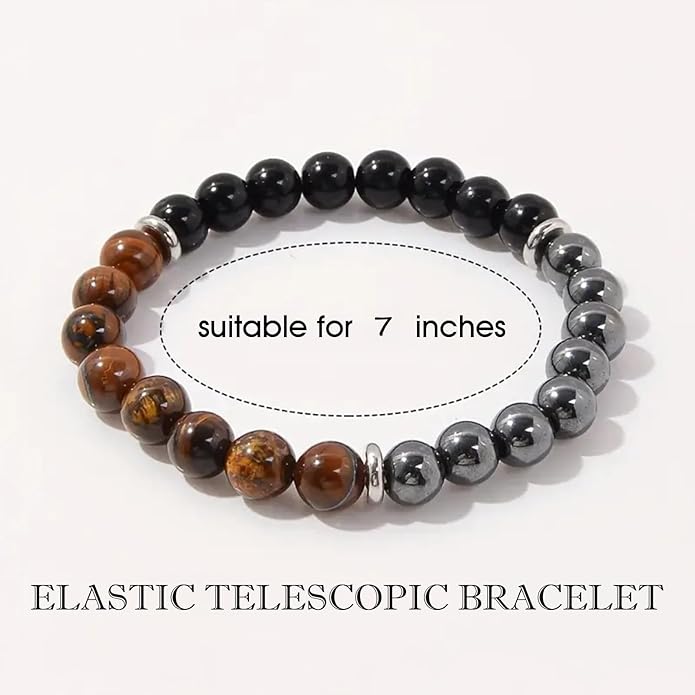 Energy Mens Beaded Bracelets,Triple Protection Bracelet for Men,Made of Three Kinds of 8mm Beads (Black Obsidian Hematite Tiger Eye Beaded), Personalized Gifts for Men