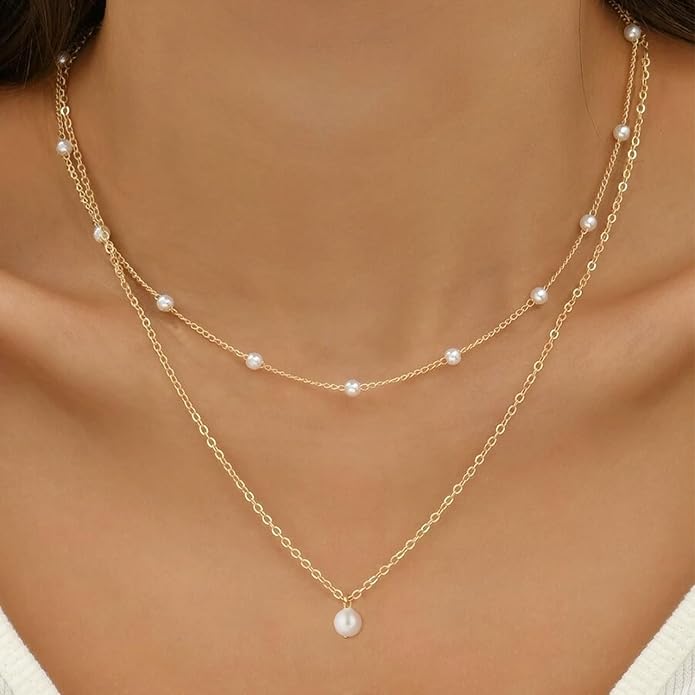 Gold Pearl Necklace for Women, 14K Gold Plated Layered Pearl Necklaces for Women Trendy Simple Herringbone Chain Pearl Necklace for Women Gold Jewelry Gifts