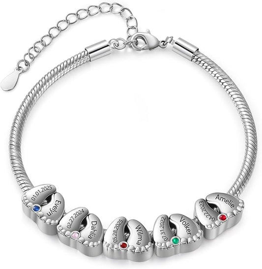 Jeweidea Personalized Foot Charm Birthstone Bracelet – Custom Engraved Bracelet with 1–5 Foot Charms, Name and Date Engraving, Meaningful Jewelry Gift for Mom Wife