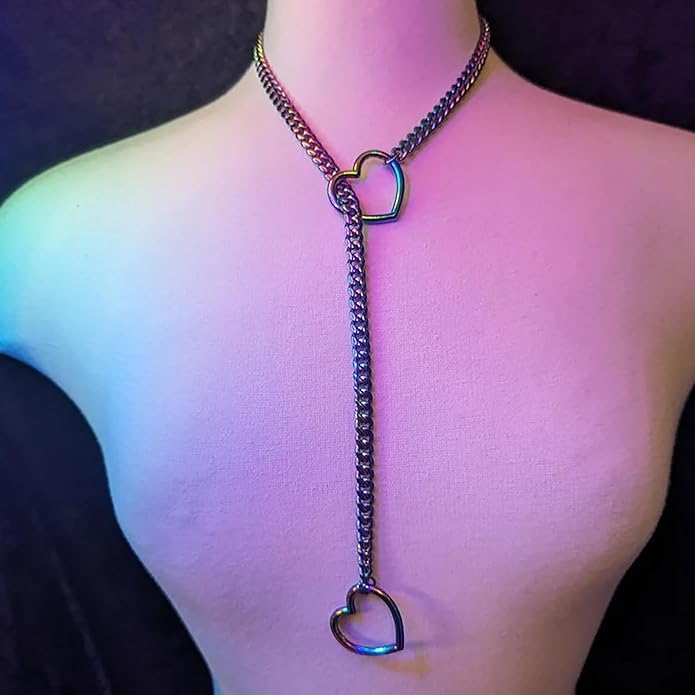 Heart Slip Chain Necklaces for Women,Stainless Steel O-Ring Adjustable Lariat Y-Necklace,Punk Gothic Cuban Collar Choker Necklace for women