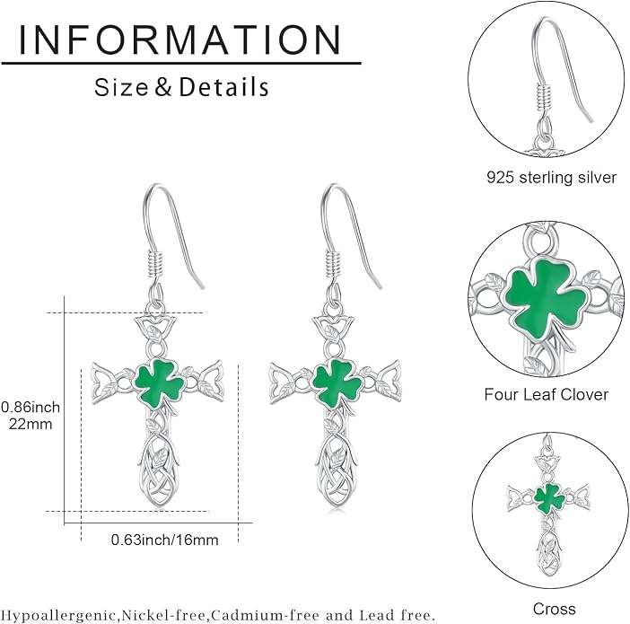JUSTKIDSTOY St Patricks Day Earrings Gifts 925 Sterling Silver Four Leaf Clover Shamrock Earrings Irish Jewelry for Women Girls