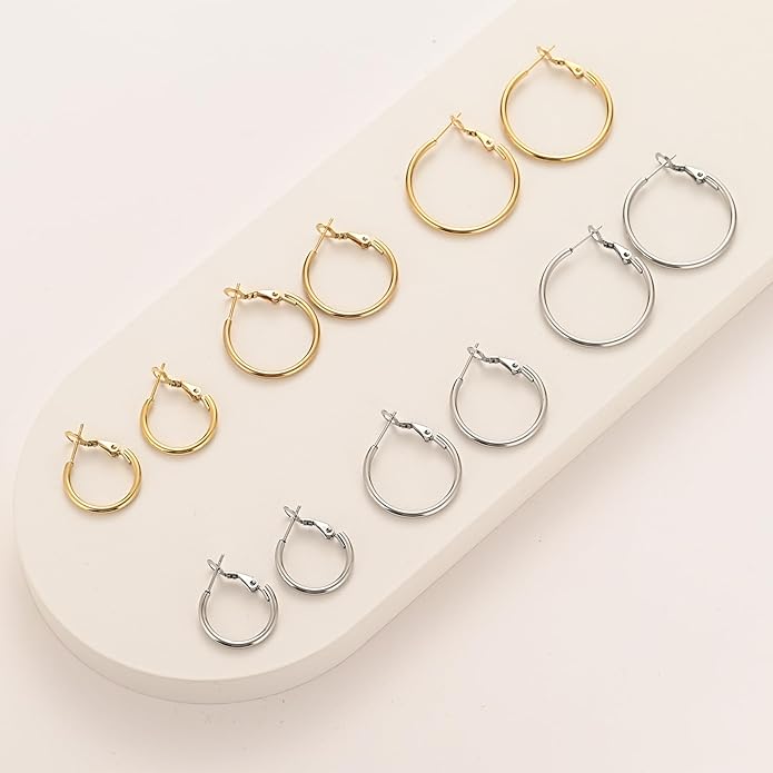 6 Pairs Gold Silver Hoop Earrings for Women, 14K Gold Plated Stainless steel Hoop Earring for Women, Lightweight Hypoallergenic Dainty Hoop Earrings Set